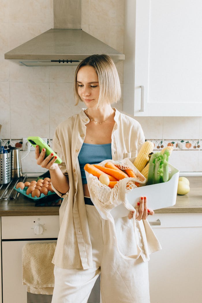 gallery-2 Woman in a modern kitchen holding fresh vegetables and checking her smartphone.